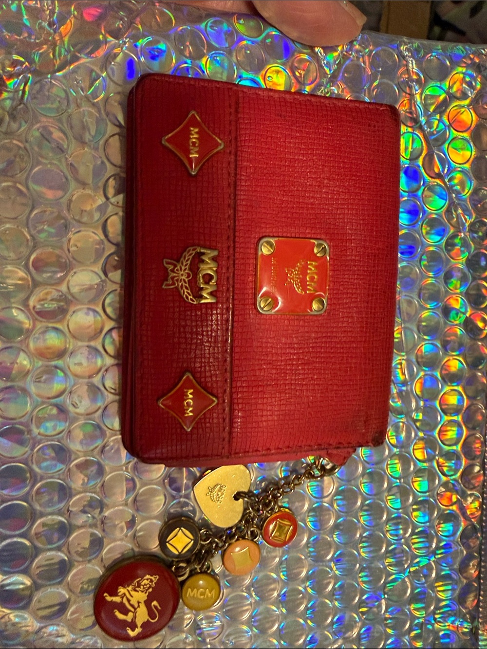 MCM Red Leather Zip Wallet with Gold-Tone Logo Charms